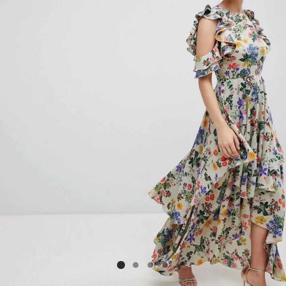 ASOS DESIGN Floral Print Satin Ruffle Sleeve Maxi Dress With Dipped Hem